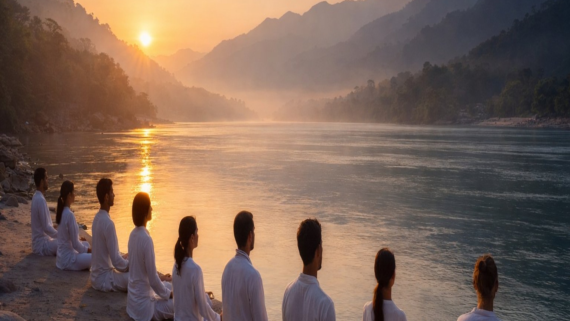 Yoga students meditating by the Ganga River at sunrise, Rishikesh